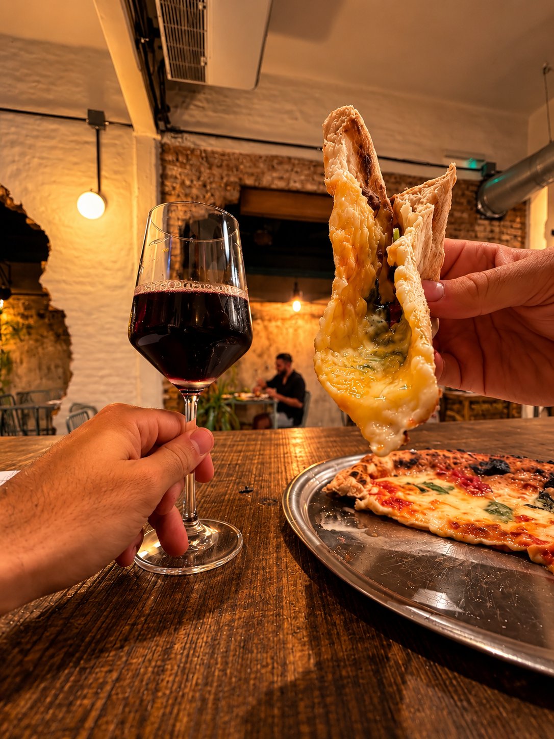 Brindis con vino y pizza napolitana de masa madre